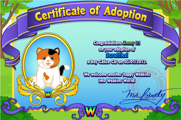 New Pet Adoption Certificate Wkn Webkinz Newz